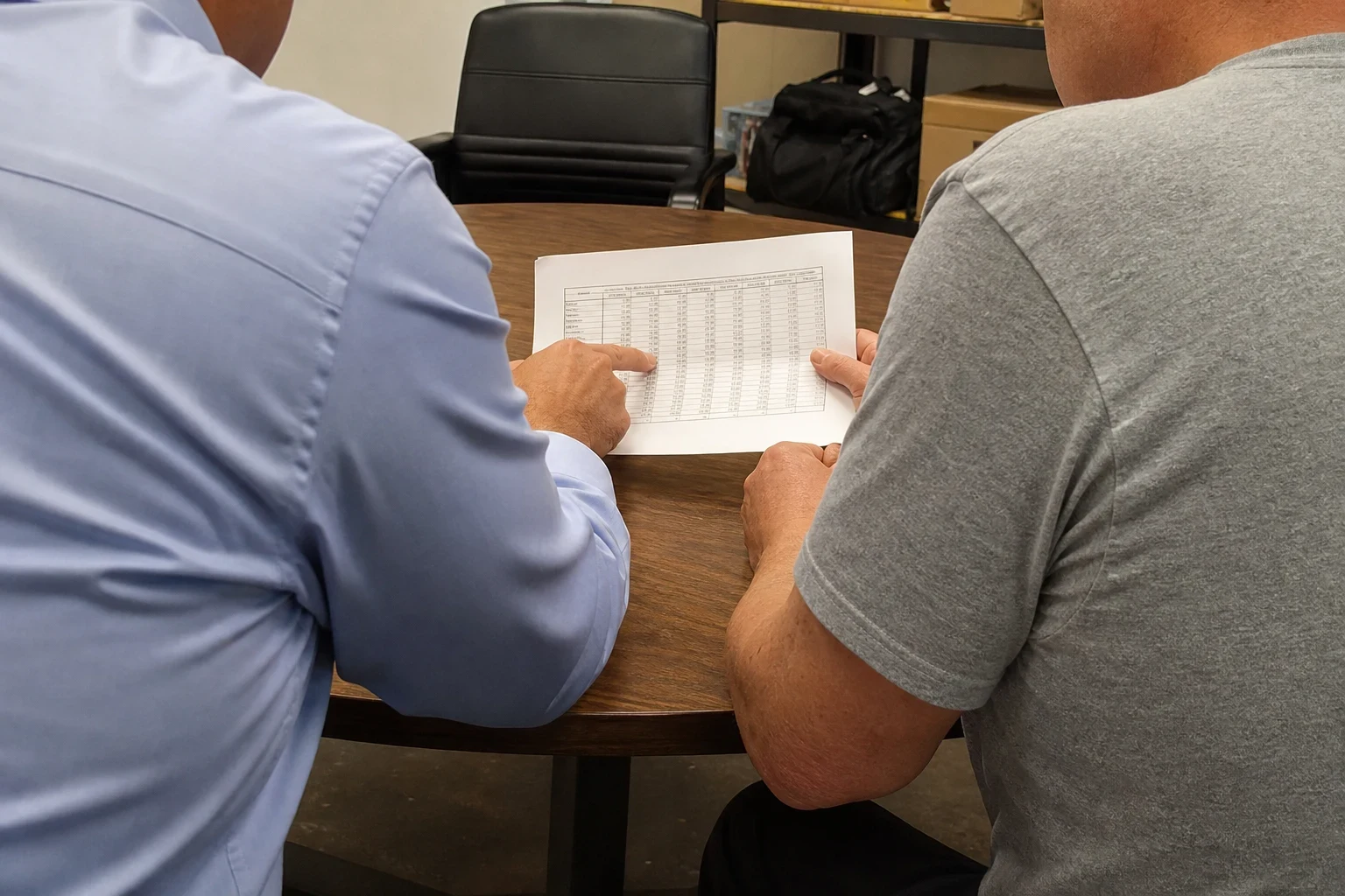 Two men seated at a round wooden table reviewing a printed table of figures, one in a blue shirt pointing at the page, with shelves and a black chair behind