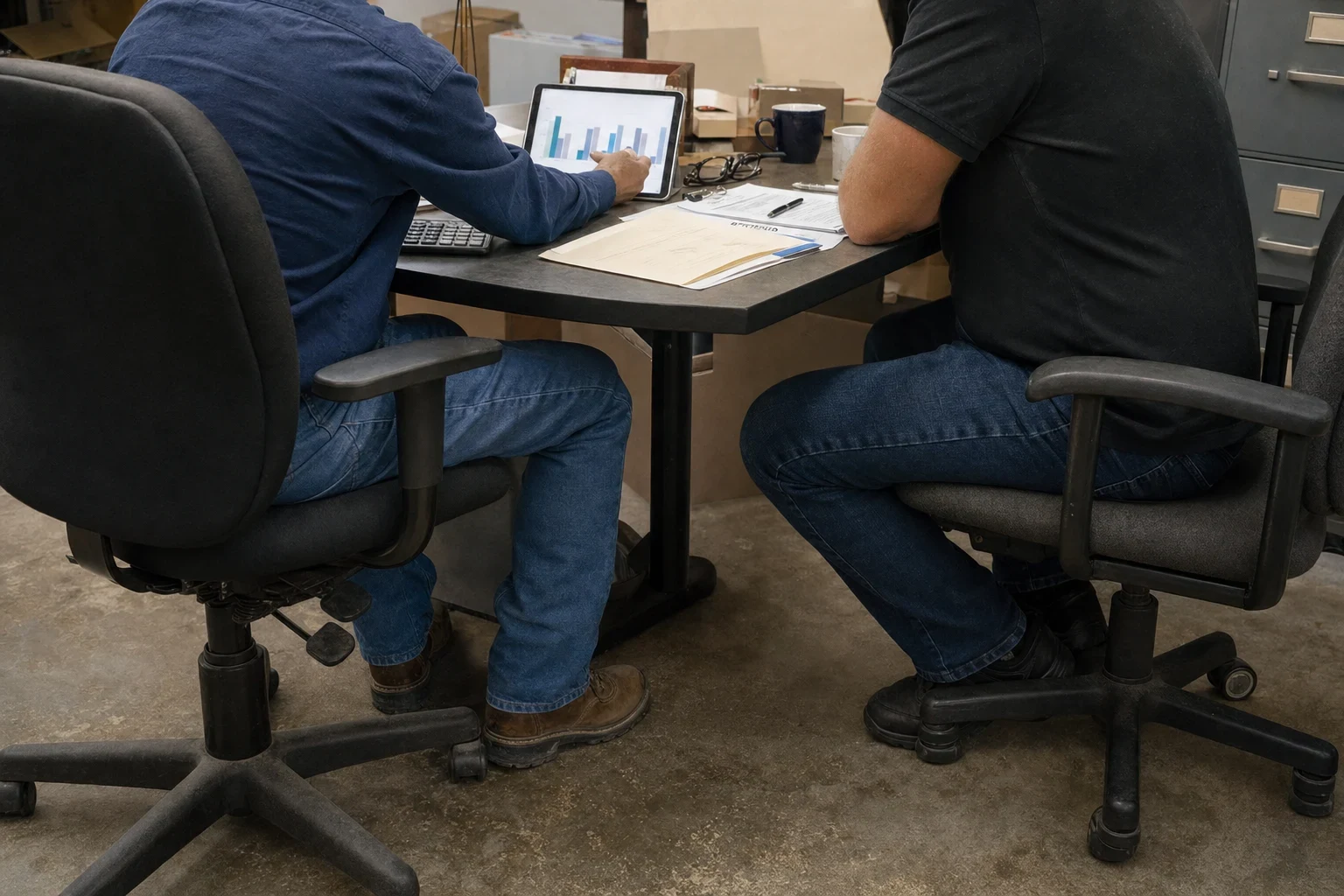 Two men in office chairs at a small table in a back office with a concrete floor, one pointing at a bar chart on a tablet beside papers, a calculator and coffee mugs