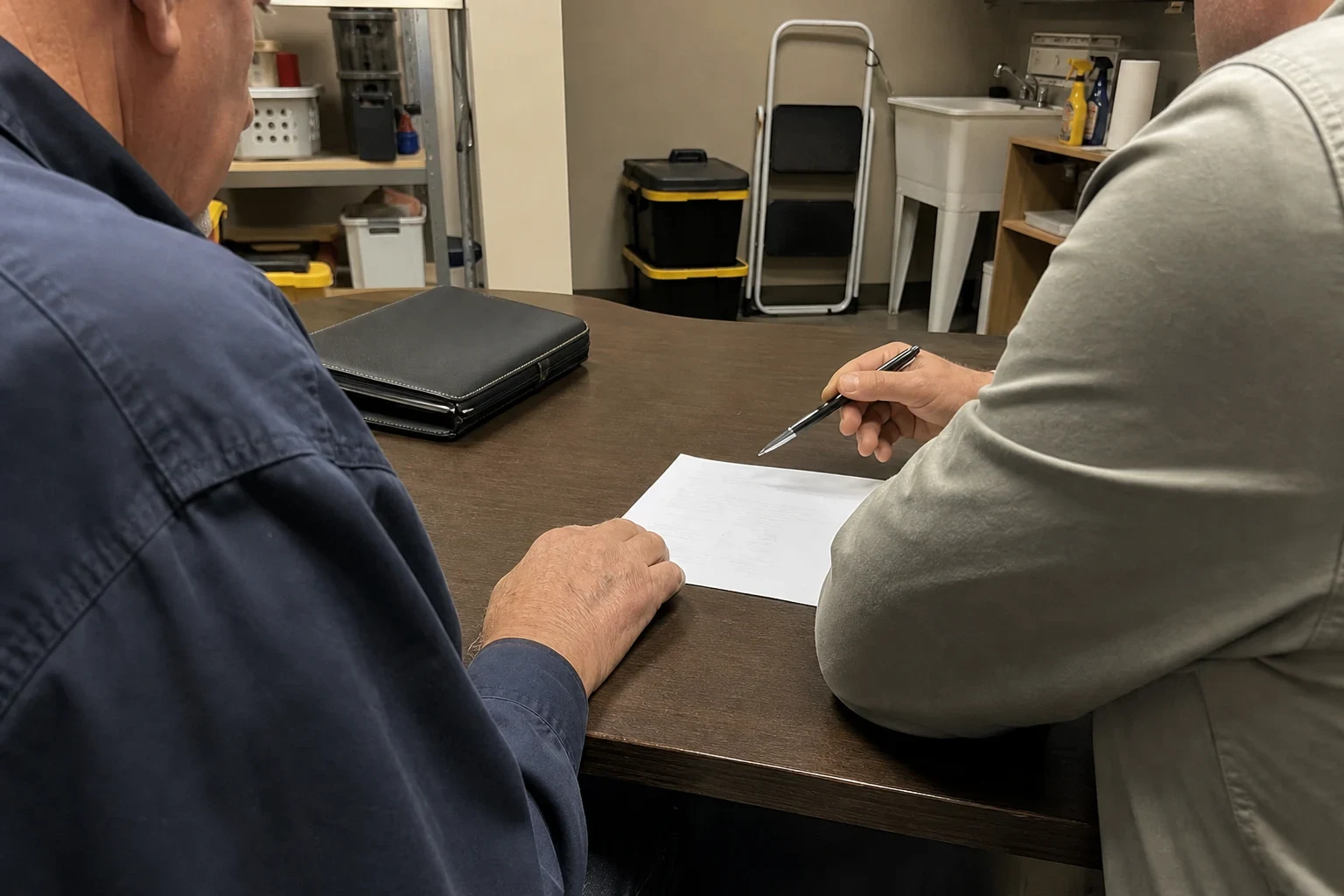 Two men seated at a dark wood desk in a shop back room reviewing a one-page form, one holding a pen, with storage shelves, bins and a utility sink behind them