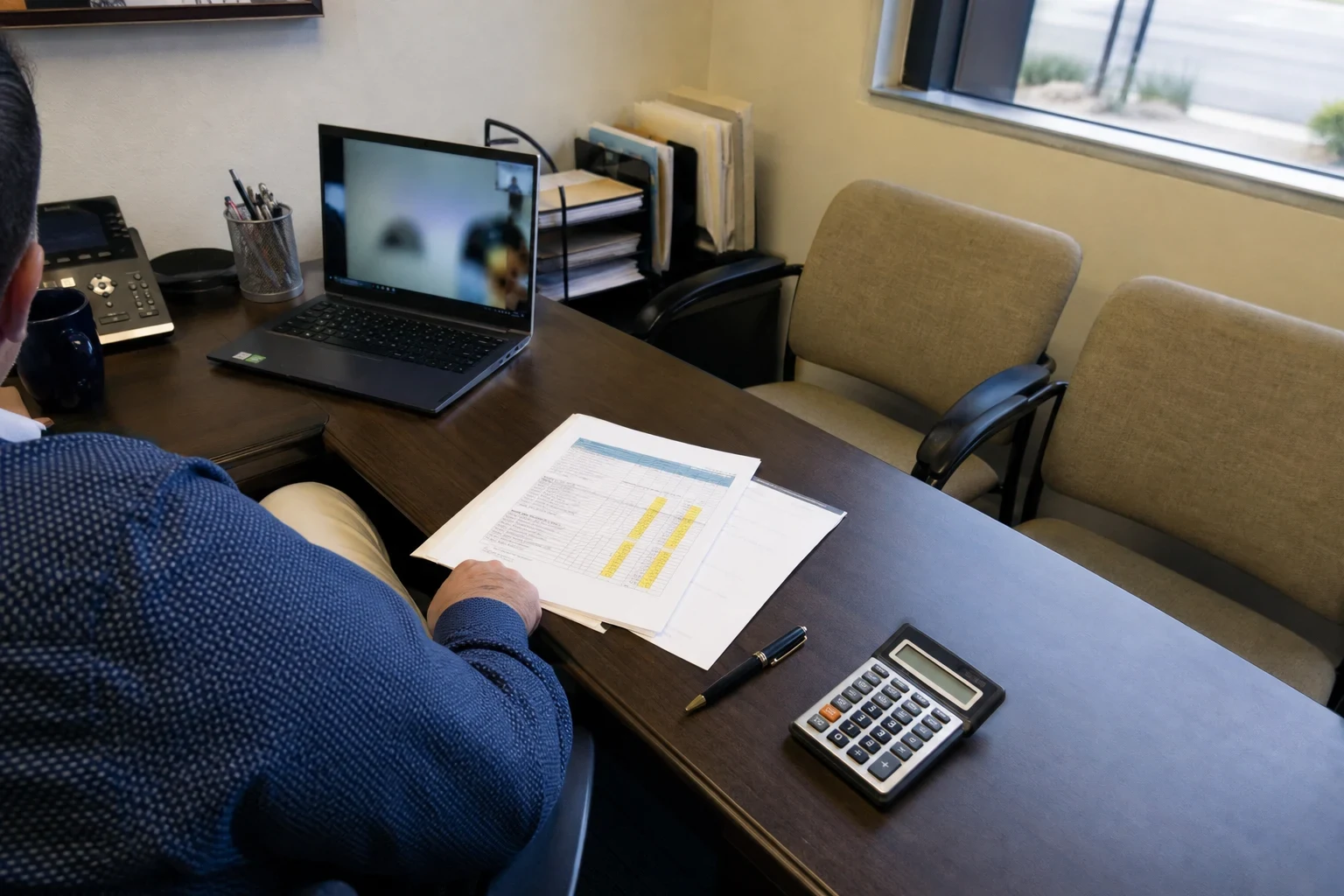 Agent at a dark wood office desk with a highlighted policy printout, pen and calculator, a laptop video call open, and two guest chairs by a window