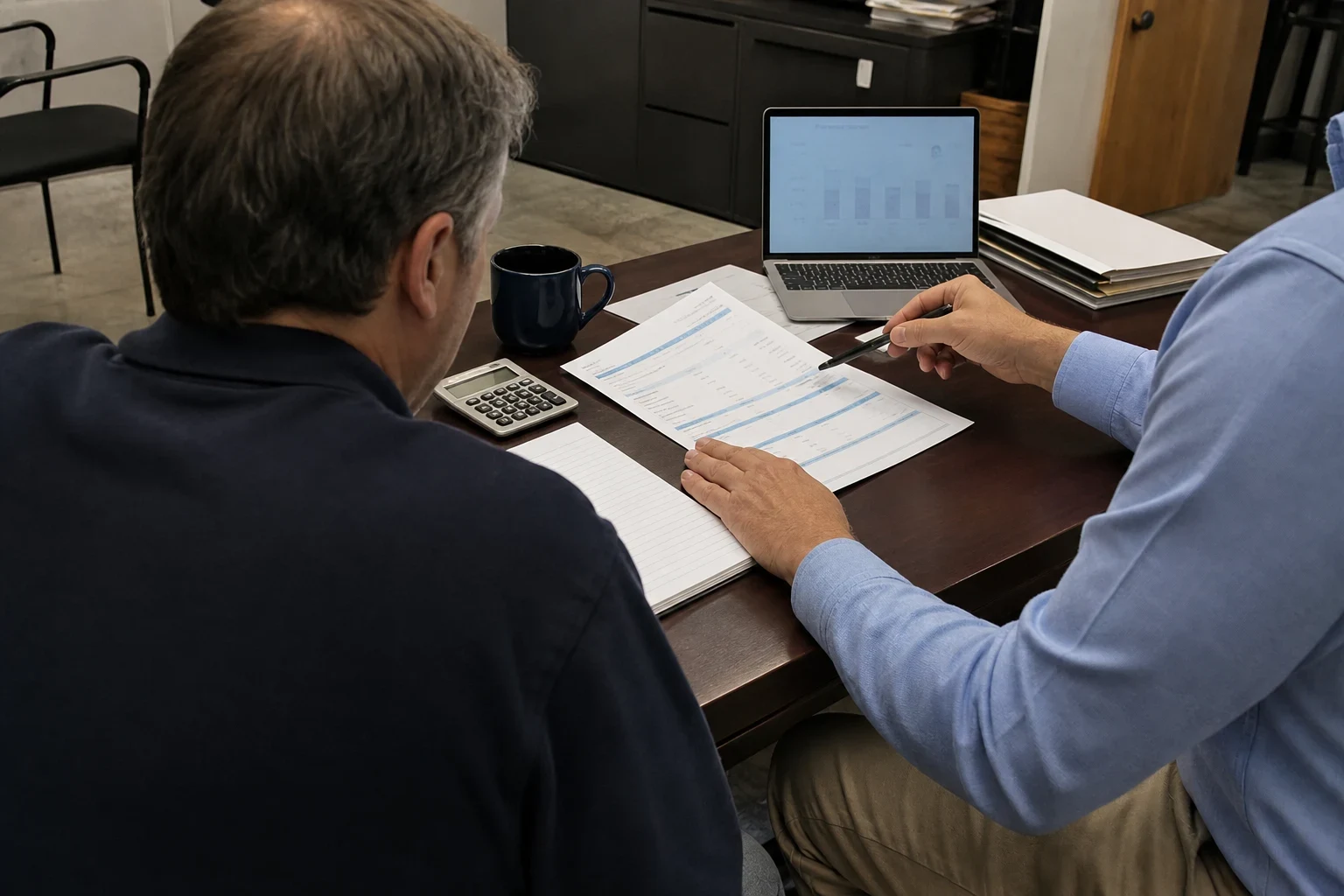 Two men at a dark wood office desk reviewing a printed statement, one pointing with a pen, beside a calculator, notepad, coffee mug and open laptop