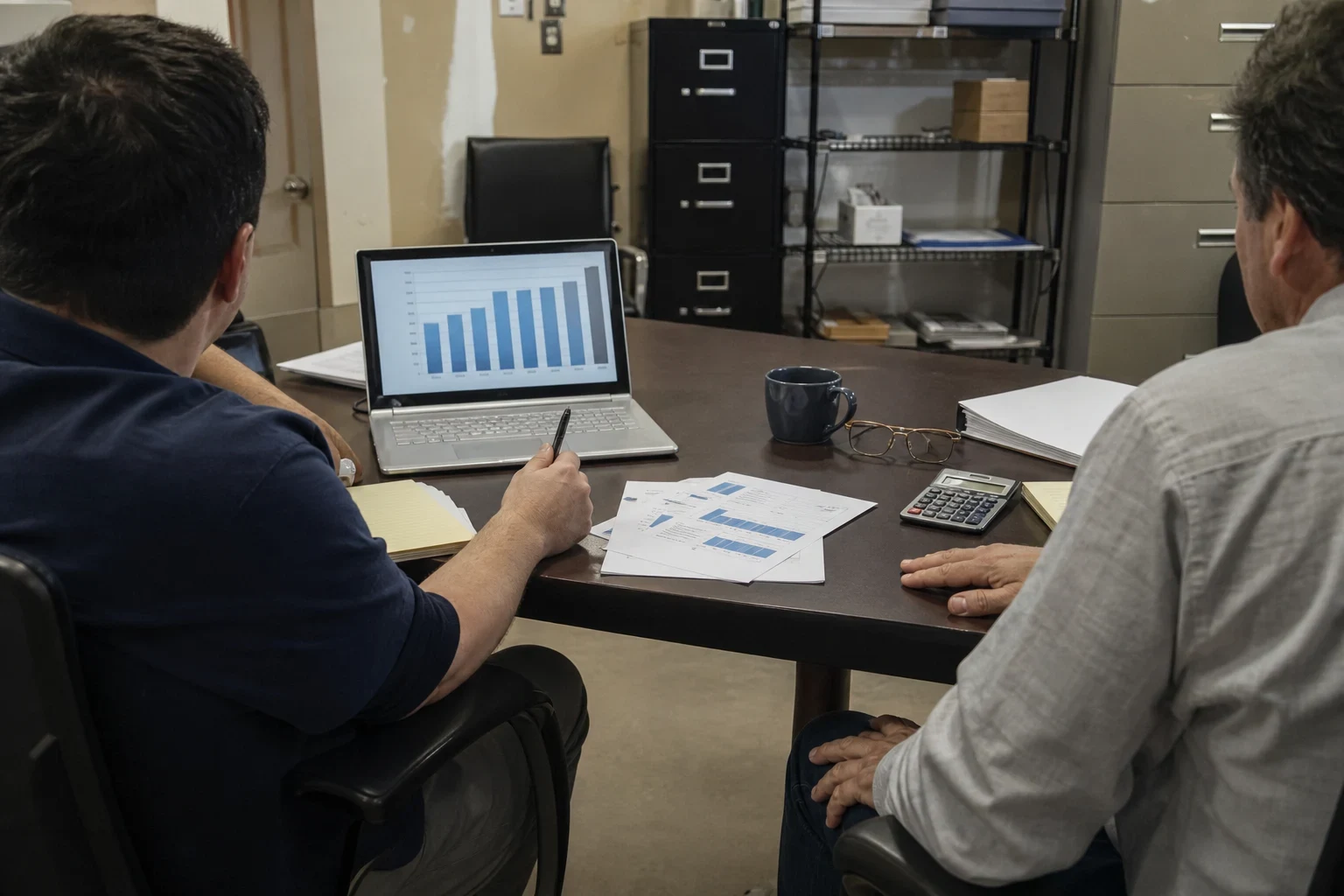 Two men at a small office table reviewing a bar chart on a laptop, with printed charts, a calculator, glasses and a mug beside filing cabinets and shelves